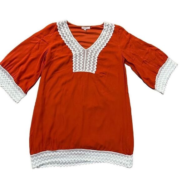 NWOT Entro Long Sleeve Dress Lace Trim Rust Orange Small - Picture 7 of 11